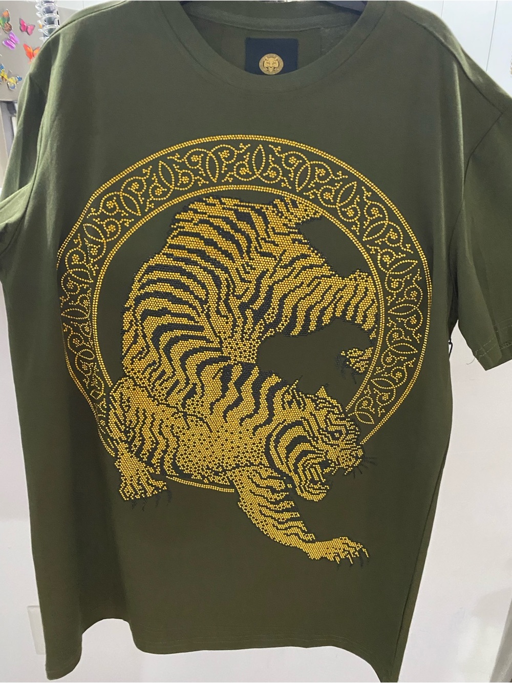 Men's Olive Green Short-Sleeve Tee with Gold Tiger Graphic